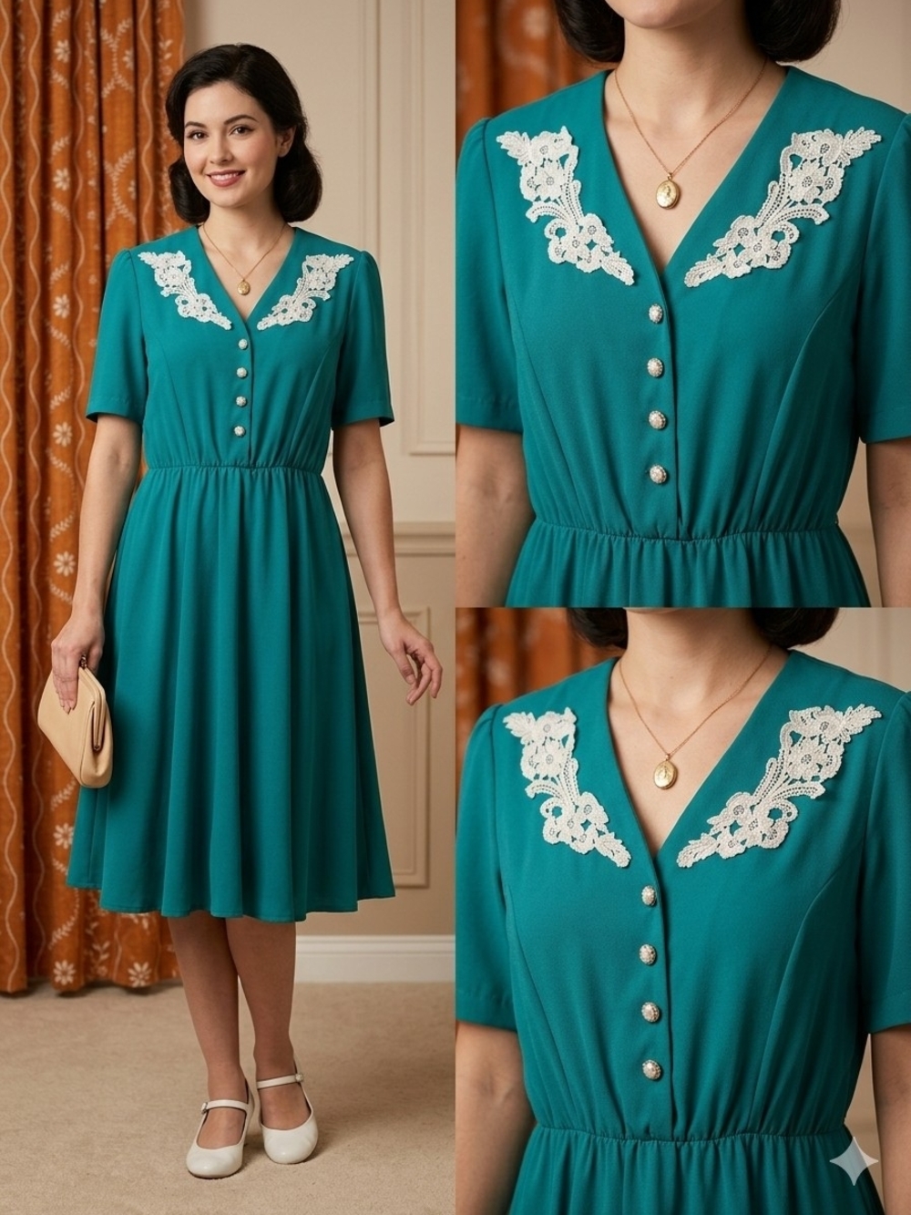 Vintage 70s/80s Whirlaway Frocks Teal Dress W/ White Lace Collar